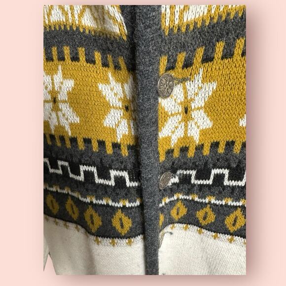 Vtg Fair Isle Snowflake Sweater Gray Yellow Cardigan Grandpa Winter Medium Ski - Picture 4 of 5